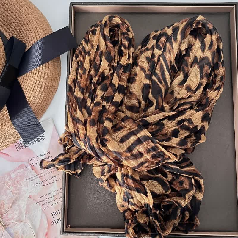 Women's Leopard Print Pleated Cotton Linen Thin Autumn Scarf - Image 4