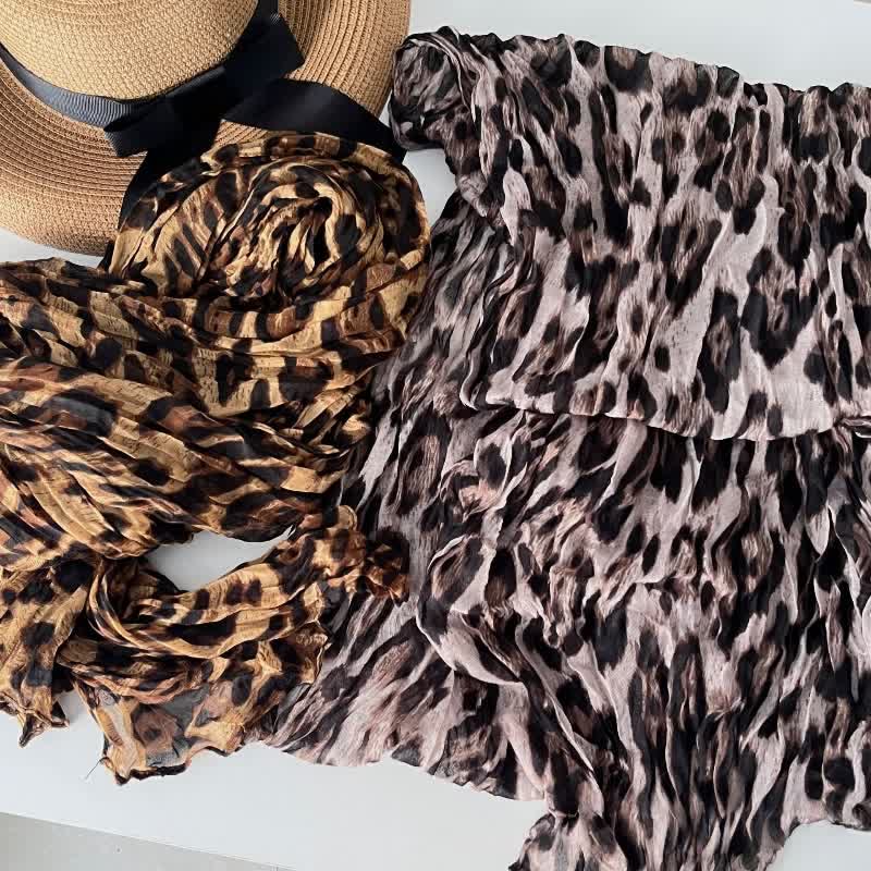 Women's Leopard Print Pleated Cotton Linen Thin Autumn Scarf - Image 6