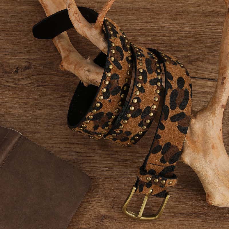 Women's Leopard Printed Vintage Rivets Leather Belt - Image 3