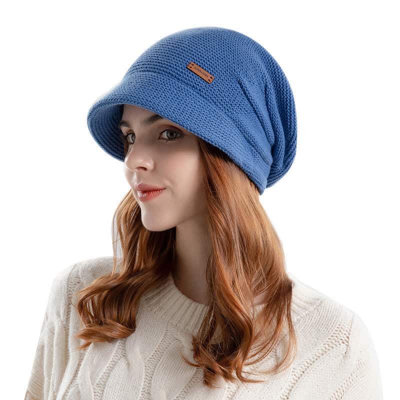 Women's Letter Patched Wide Brim Pile Knitted Hat - Image 6