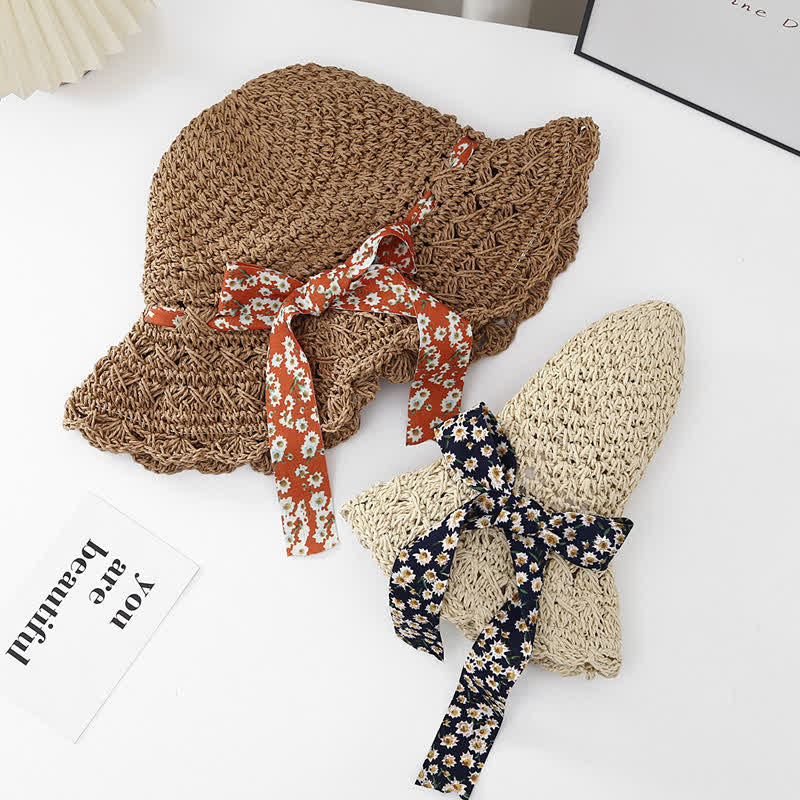Women's Little Floral Ribbon Decor Foldable Straw Hat - Image 2