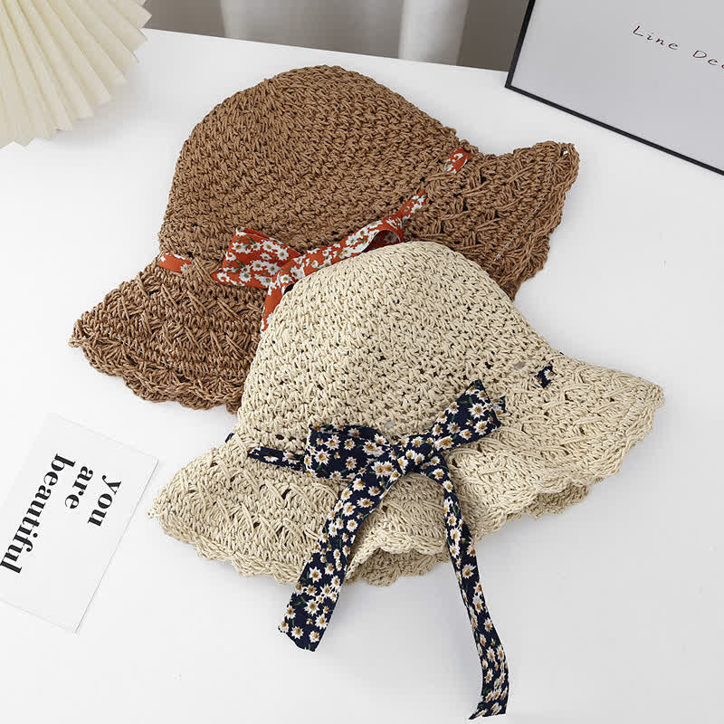 Women's Little Floral Ribbon Decor Foldable Straw Hat - Image 3