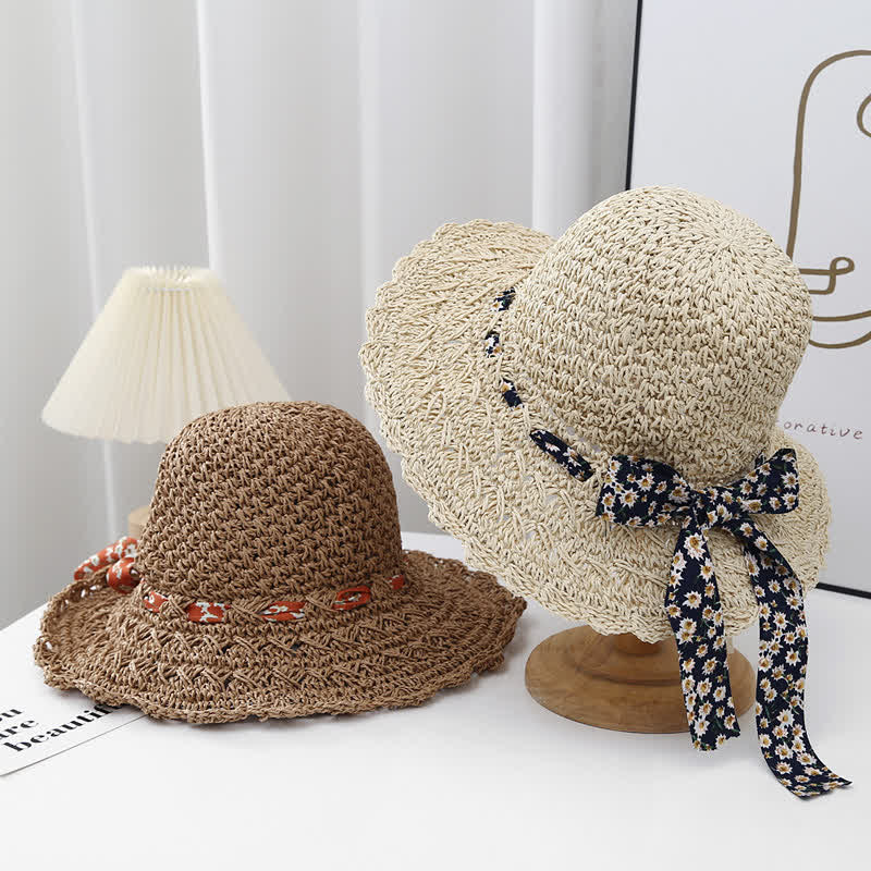 Women's Little Floral Ribbon Decor Foldable Straw Hat - Image 4