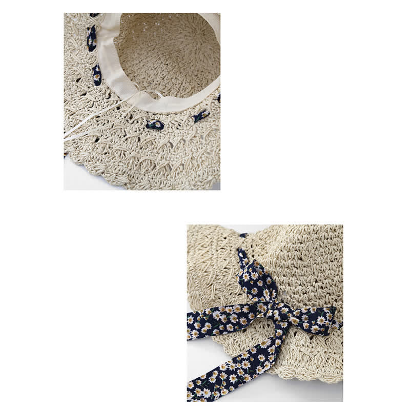 Women's Little Floral Ribbon Decor Foldable Straw Hat - Image 5