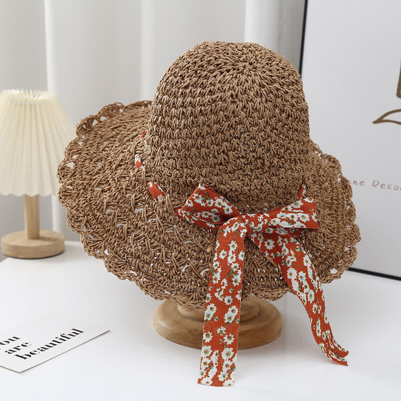 Women's Little Floral Ribbon Decor Foldable Straw Hat - Image 6
