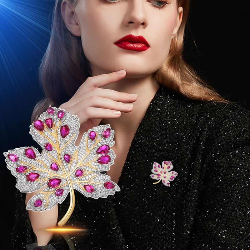 Women's Maple Leaf Pink & White Crystal Brooch - Image 2