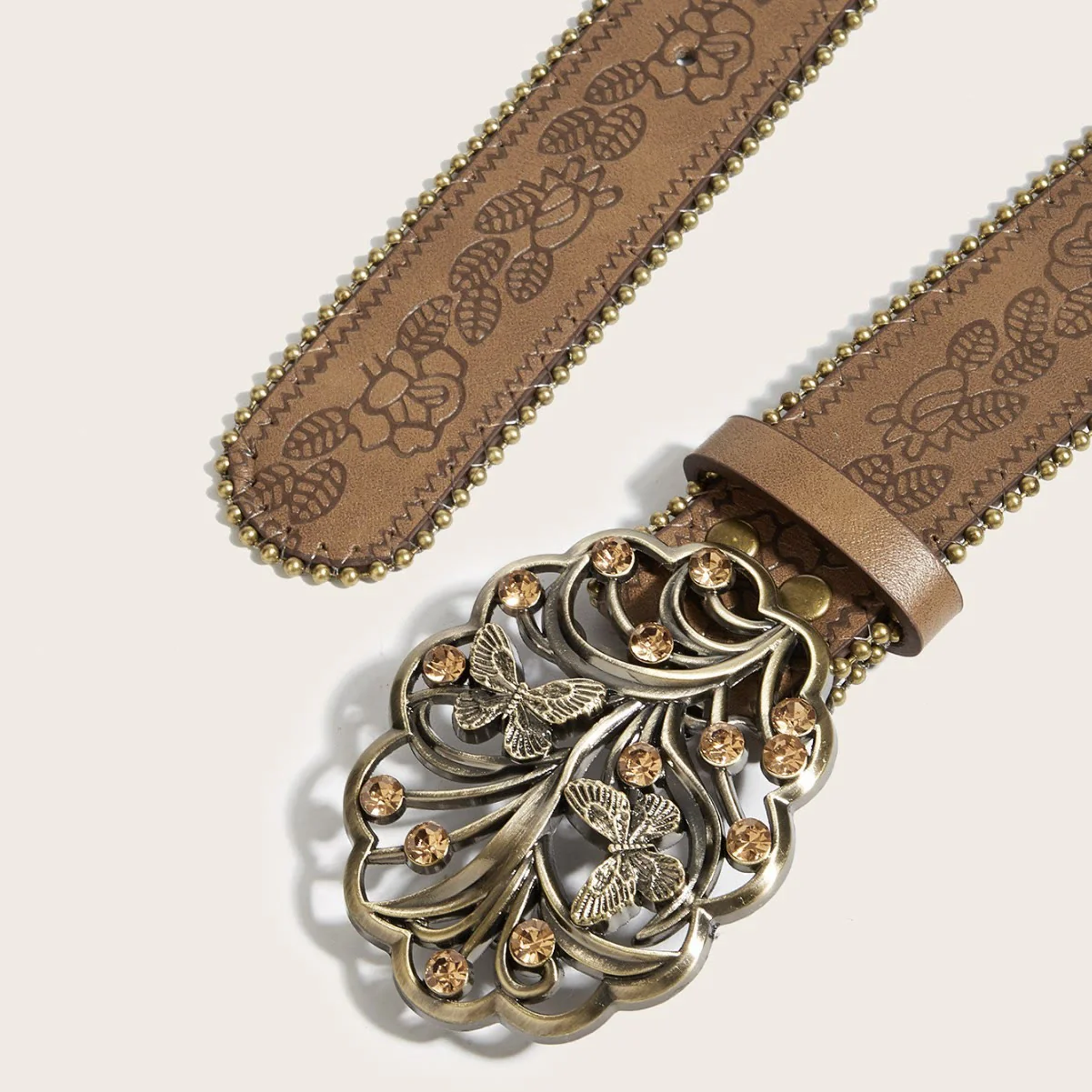 Women's Metal Butterfly Diamond Floral Buckle Brown Embossed Belt - Image 2