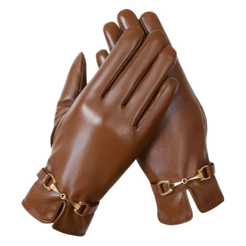 Women's Metal Decor Warm Velvet PU Leather Gloves - Image 2
