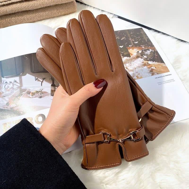 Women's Metal Decor Warm Velvet PU Leather Gloves - Image 3