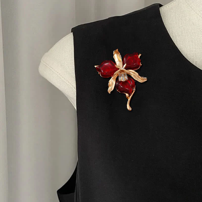 Women's Metallic Brass Orchid Resin Petal Flower Brooch - Image 5