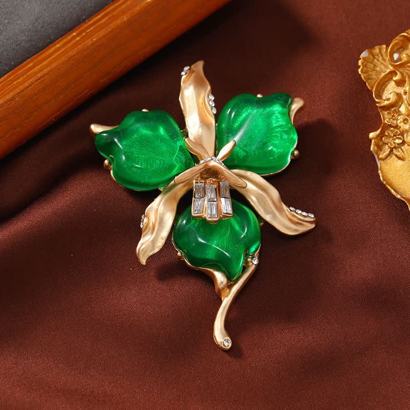Women's Metallic Brass Orchid Resin Petal Flower Brooch - Image 6
