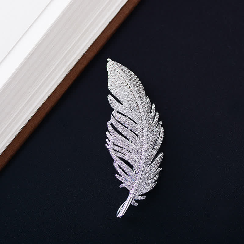 Women's Minimalist Silver Zircon Feather Brooch - Image 2
