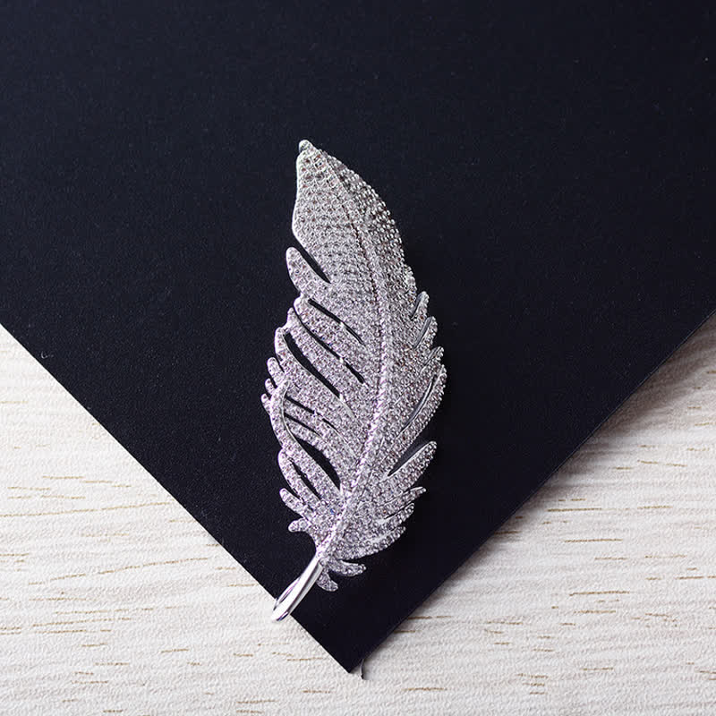 Women's Minimalist Silver Zircon Feather Brooch - Image 3