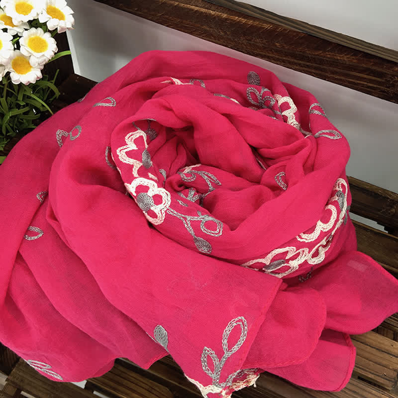 Women's National Cotton Linen Flower Embroidery Thin Scarf - Image 12