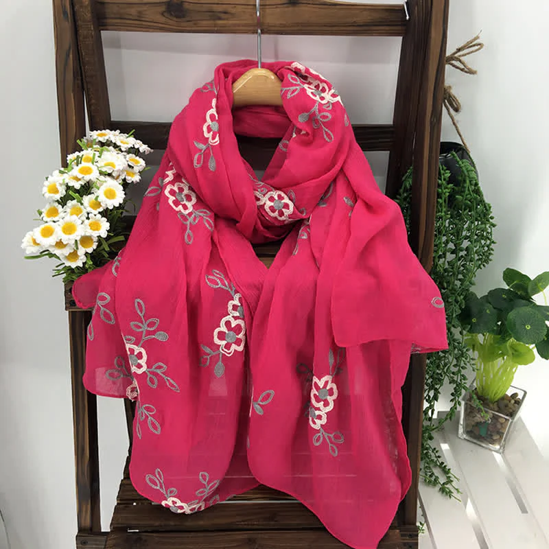 Women's National Cotton Linen Flower Embroidery Thin Scarf - Image 13