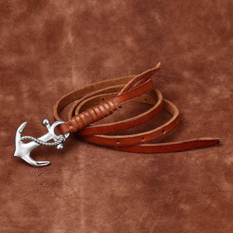 Women's Nautical Anchor Vintage Buckle Narrow Leather Belt