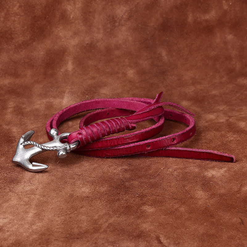 Women's Nautical Anchor Vintage Buckle Narrow Leather Belt - Image 12