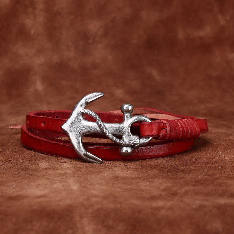 Women's Nautical Anchor Vintage Buckle Narrow Leather Belt - Image 16