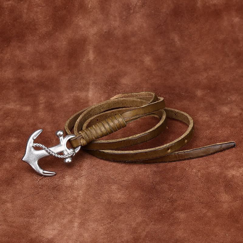 Women's Nautical Anchor Vintage Buckle Narrow Leather Belt - Image 21