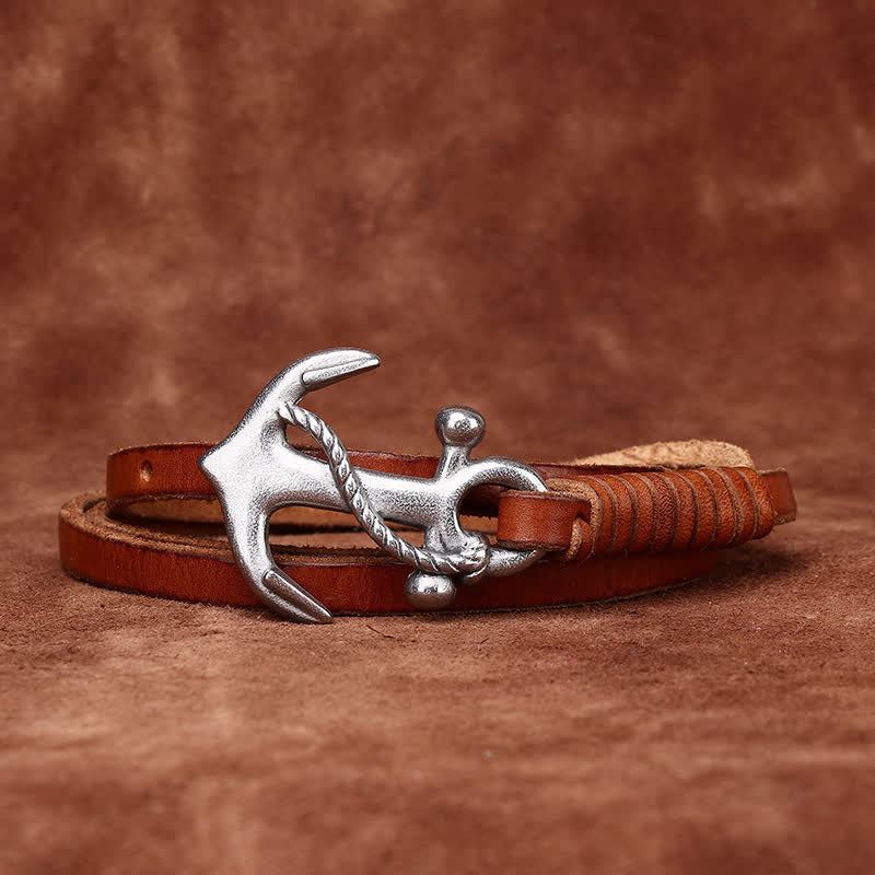 Women's Nautical Anchor Vintage Buckle Narrow Leather Belt - Image 4