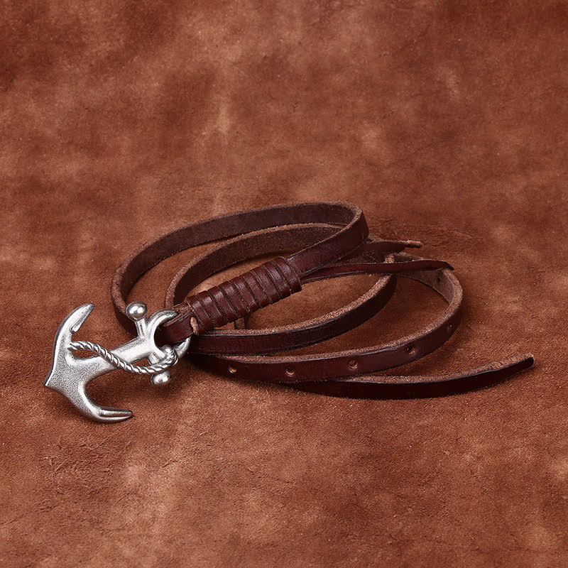 Women's Nautical Anchor Vintage Buckle Narrow Leather Belt - Image 6