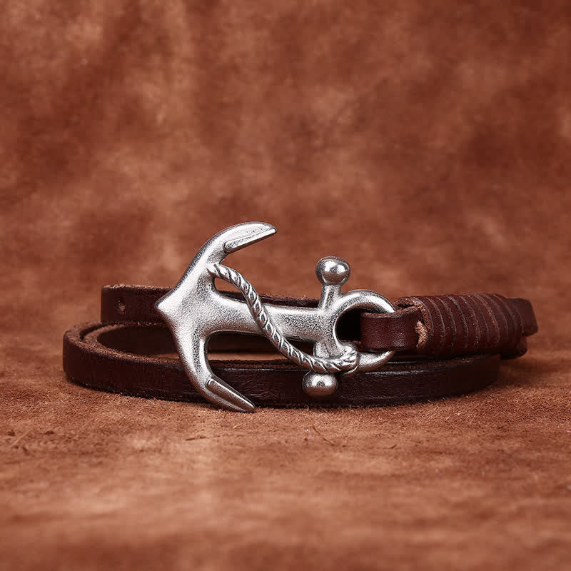 Women's Nautical Anchor Vintage Buckle Narrow Leather Belt - Image 7