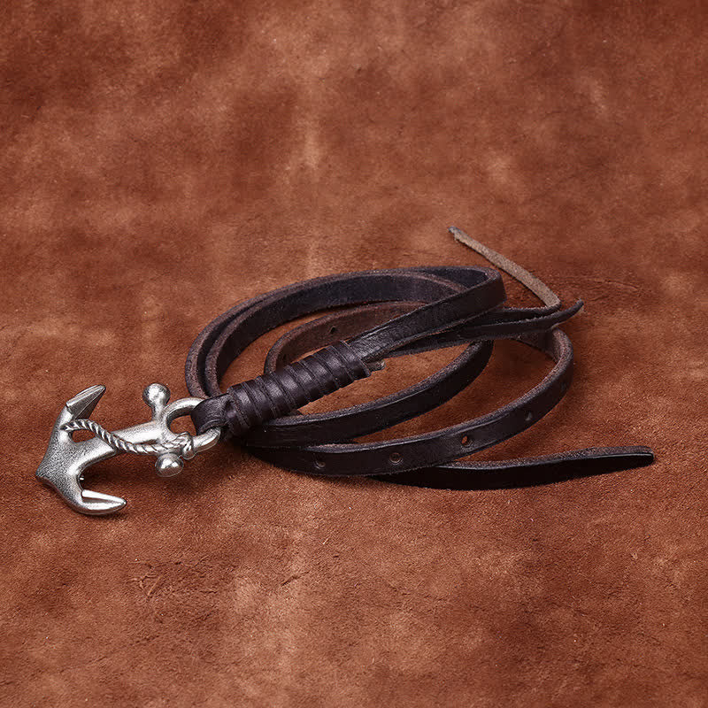 Women's Nautical Anchor Vintage Buckle Narrow Leather Belt - Image 9