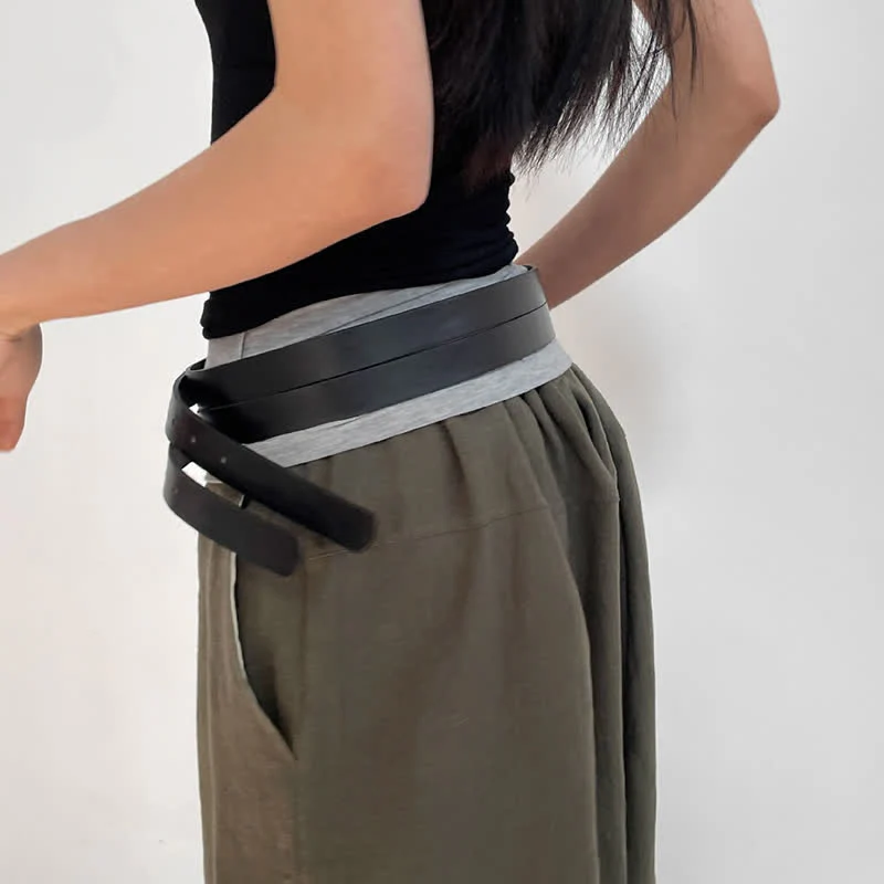 Women's Novel Double Prong Dual Strap Black Leather Belt - Image 10