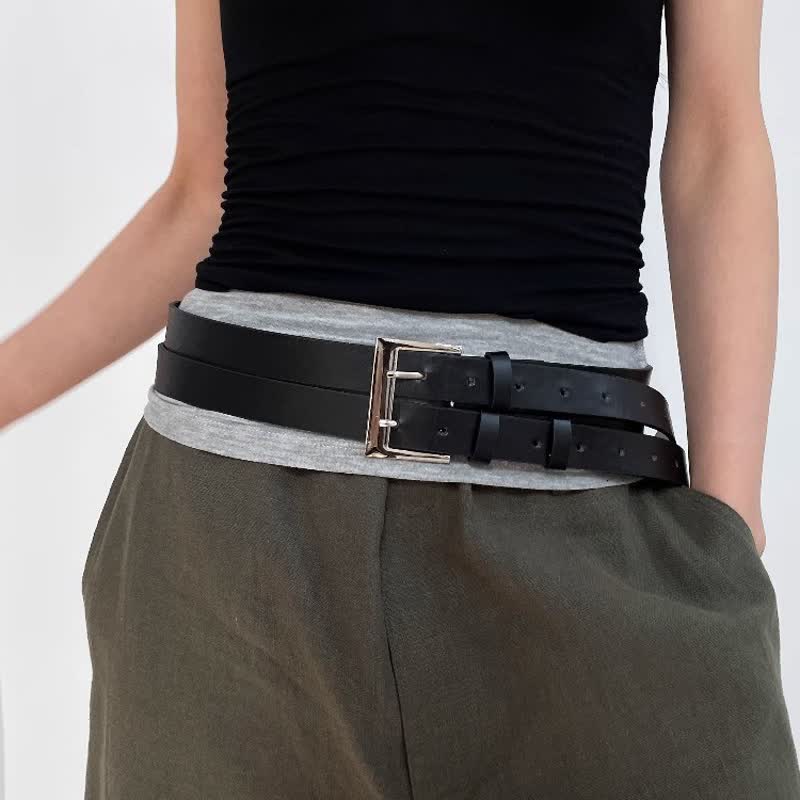 Women's Novel Double Prong Dual Strap Black Leather Belt - Image 8