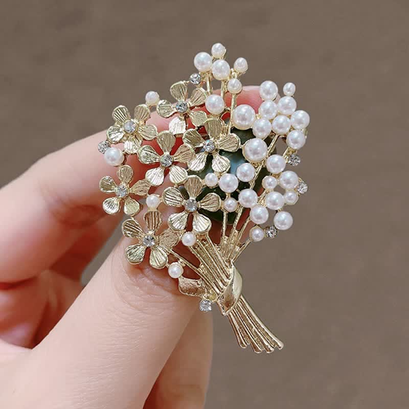 Women's Pearl Bouquet Of Gold Flowers Brooch - Image 2