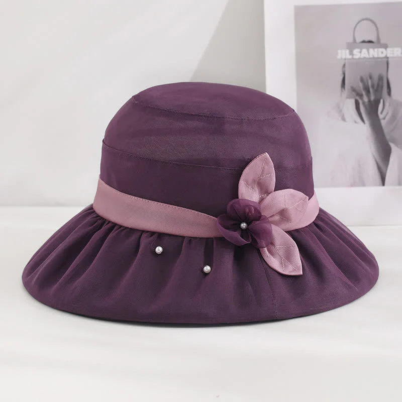 Women's Pearls Embellished Floral Wide Brim Silk Sun Hat - Image 11