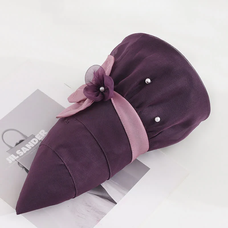 Women's Pearls Embellished Floral Wide Brim Silk Sun Hat - Image 12