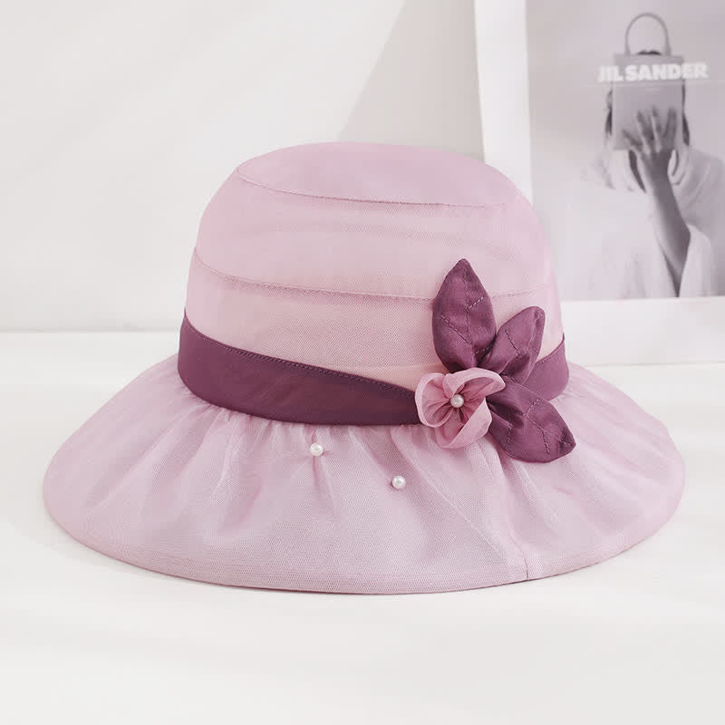 Women's Pearls Embellished Floral Wide Brim Silk Sun Hat - Image 4