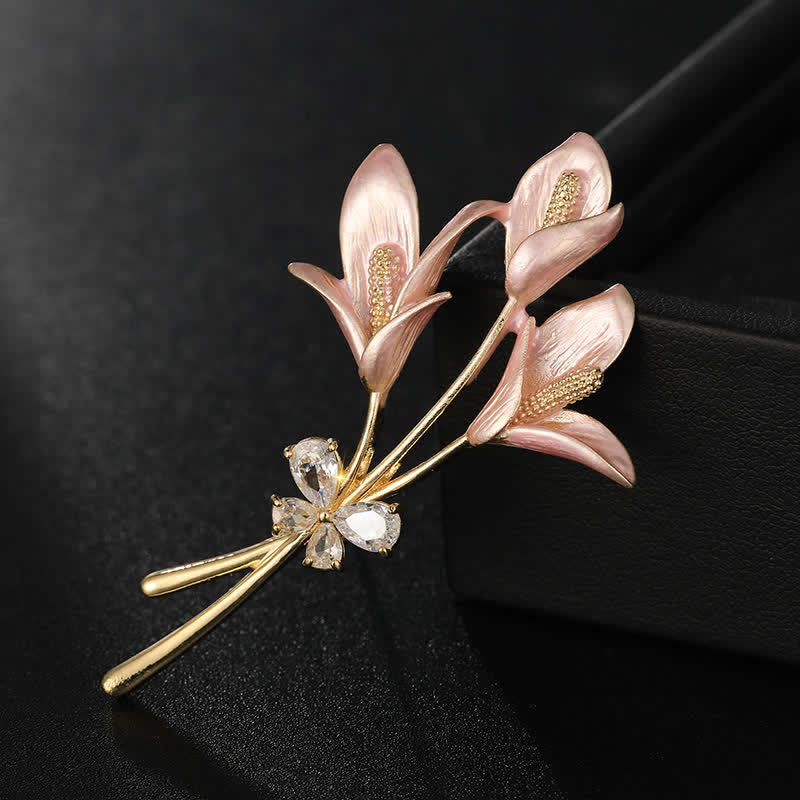 Women's Pink Lily Flower Zircon Enamel Brooch - Image 4