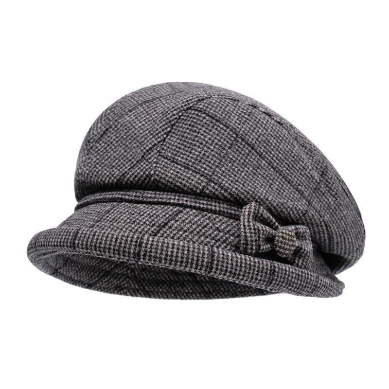 Women's Plaid Bowknot Decor Warm Beret Hat