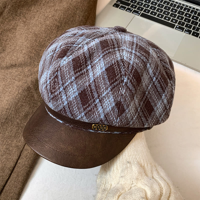 Women's Plaid Pattern Leather Brim Beret Hat