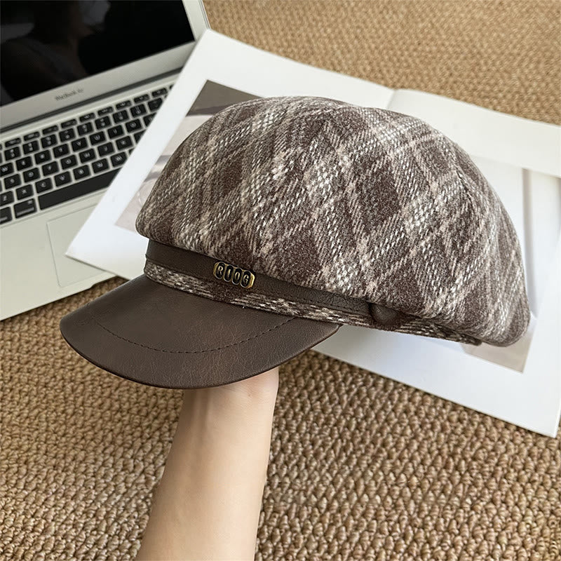 Women's Plaid Pattern Leather Brim Beret Hat - Image 3