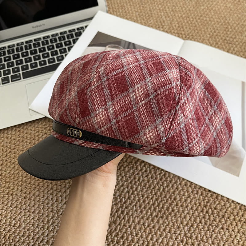 Women's Plaid Pattern Leather Brim Beret Hat - Image 4