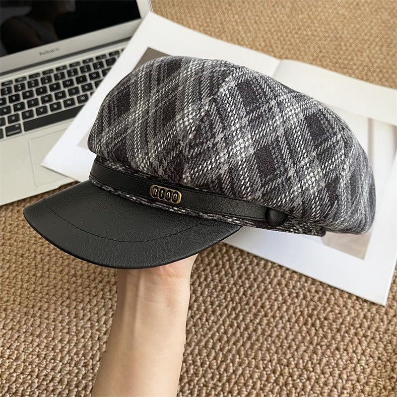 Women's Plaid Pattern Leather Brim Beret Hat - Image 5