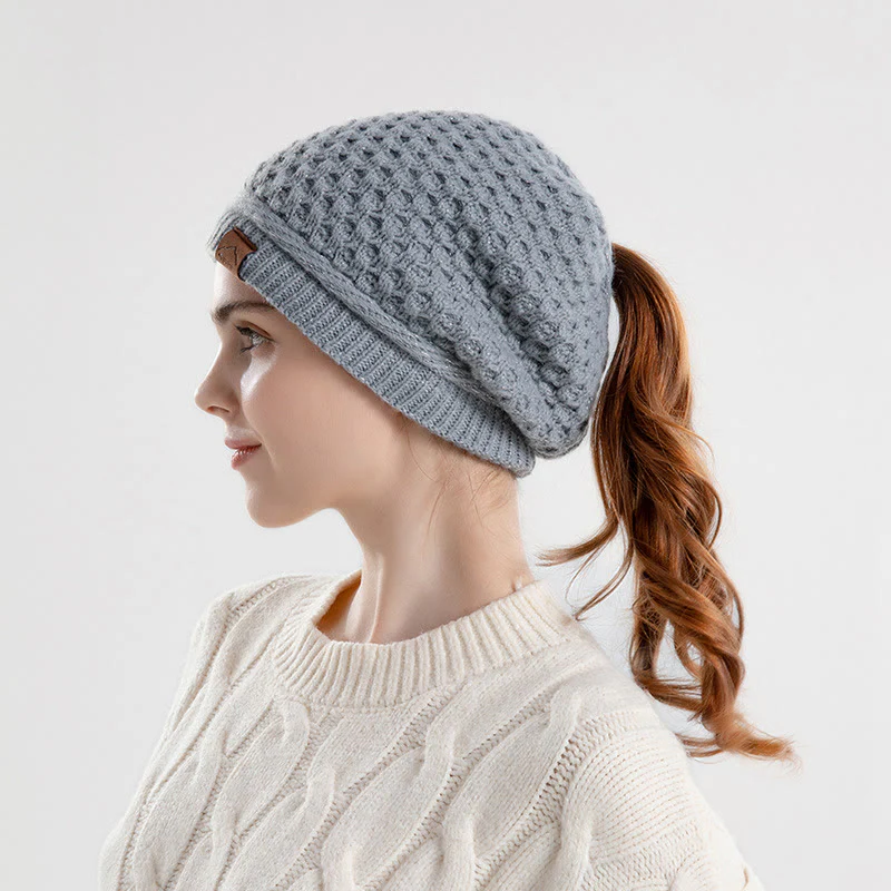 Women's Ponytail Open Winter Warm Knitted Beanie Hat - Image 3