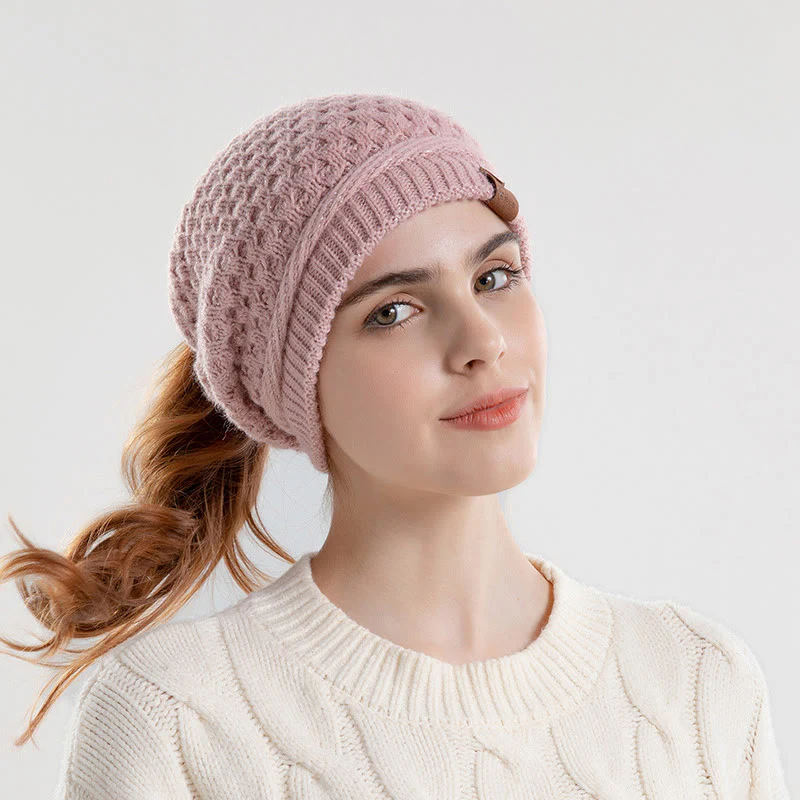 Women's Ponytail Open Winter Warm Knitted Beanie Hat - Image 4