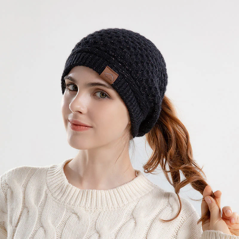 Women's Ponytail Open Winter Warm Knitted Beanie Hat - Image 5