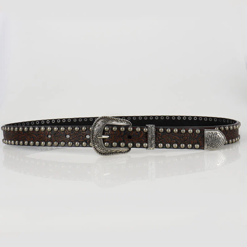 Women's Punk Engraved Floral Studded Leather Belt - Image 10