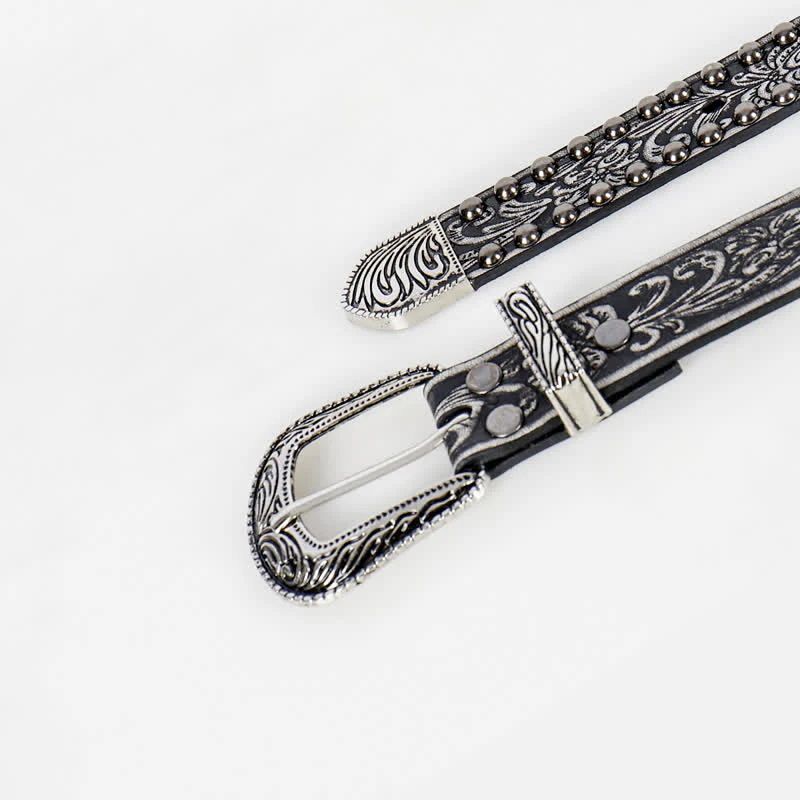 Women's Punk Engraved Floral Studded Leather Belt - Image 5