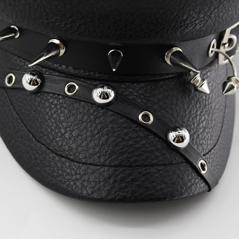 Women's Punk Rivet Navy Cap Black Leather Beret Hat - Image 5