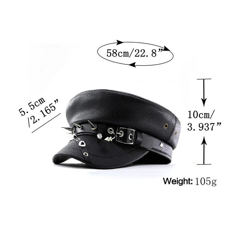 Women's Punk Rivet Navy Cap Black Leather Beret Hat - Image 8