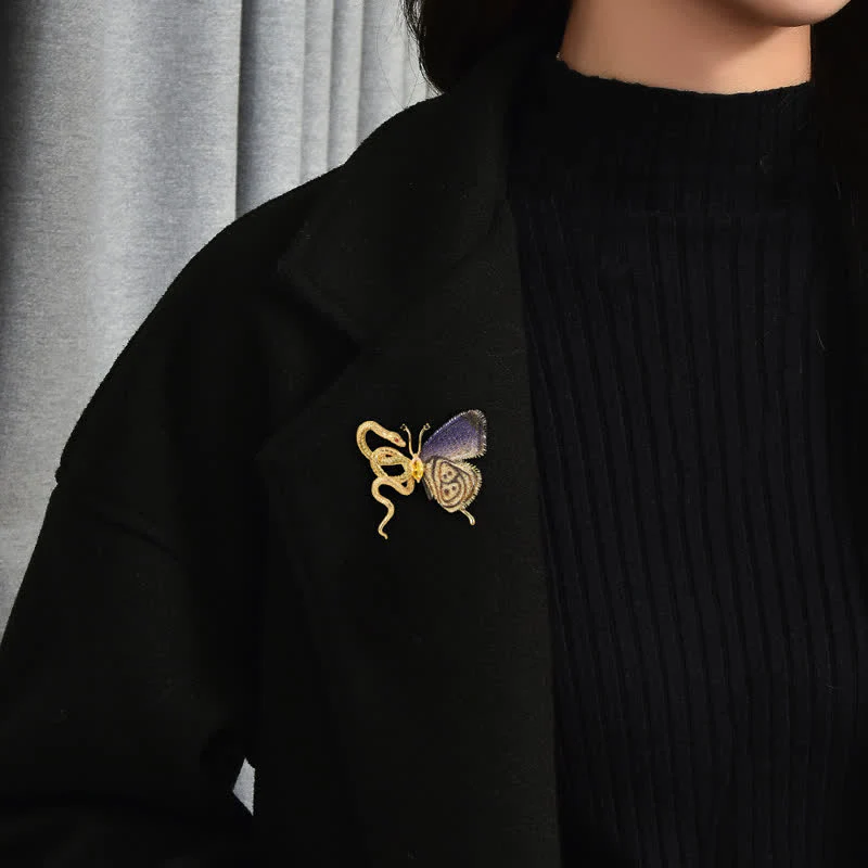 Women's Purple Embroidery Butterfly & Gold Snake Brooch - Image 6
