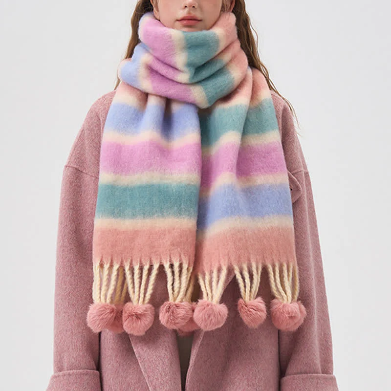 Women's Rainbow Color Striped Tassel Scarf - Image 5