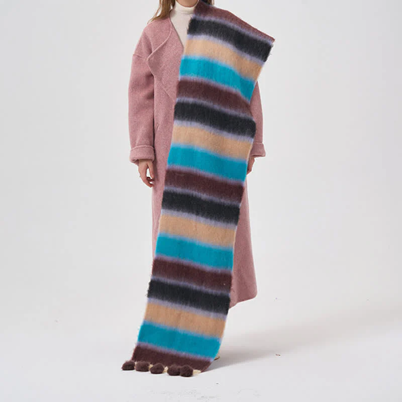 Women's Rainbow Color Striped Tassel Scarf - Image 7