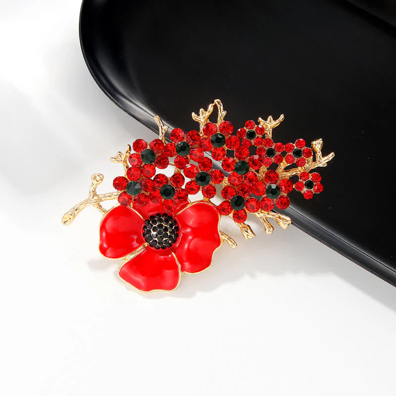Women's Red Poppy Shiny Crystal Flower Brooch - Image 4